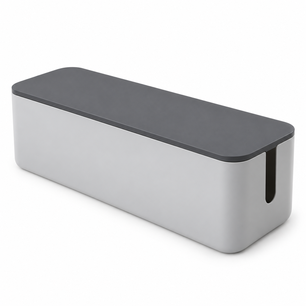 Slate Grey Slim Cable Storage Box with Lid on a white background