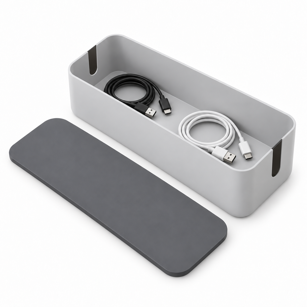 Slate Grey Slim Cable Storage Box with Lid open to show loose cable storage
