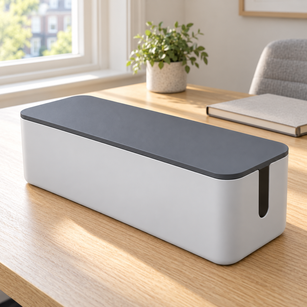 Slate Grey Slim Cable Storage Box with Lid on a home office desk