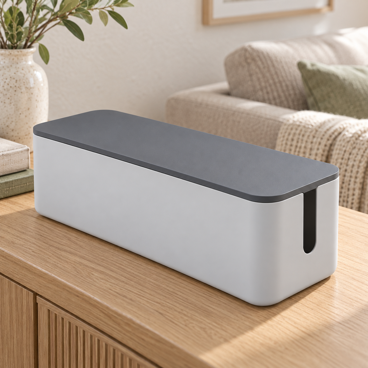 Slate Grey Slim Cable Storage Box with Lid on a living room console shelf