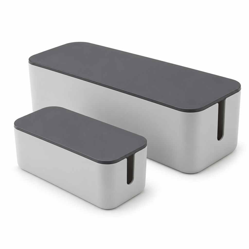 Slate Grey Small and Large Cable Storage Boxes, 2-Piece Set on a white background