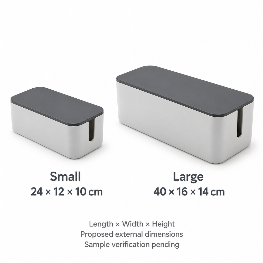 Slate Grey Small and Large Cable Storage Boxes, 2-Piece Set with proposed external dimensions