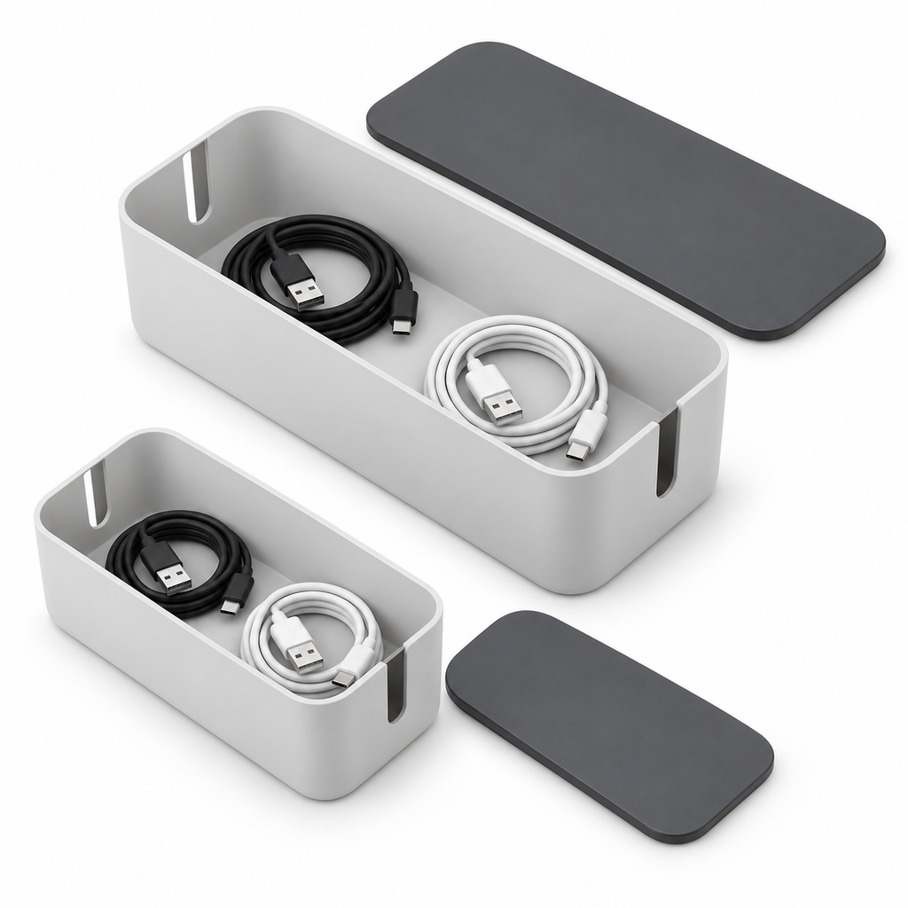 Slate Grey Small and Large Cable Storage Boxes, 2-Piece Set open to show loose cable storage