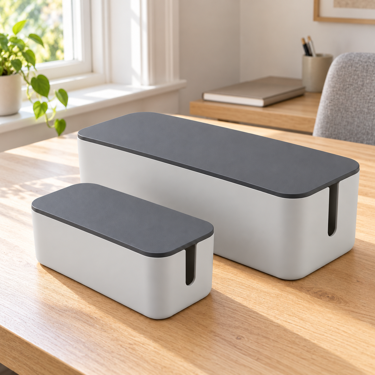 Slate Grey Small and Large Cable Storage Boxes, 2-Piece Set on a home office desk