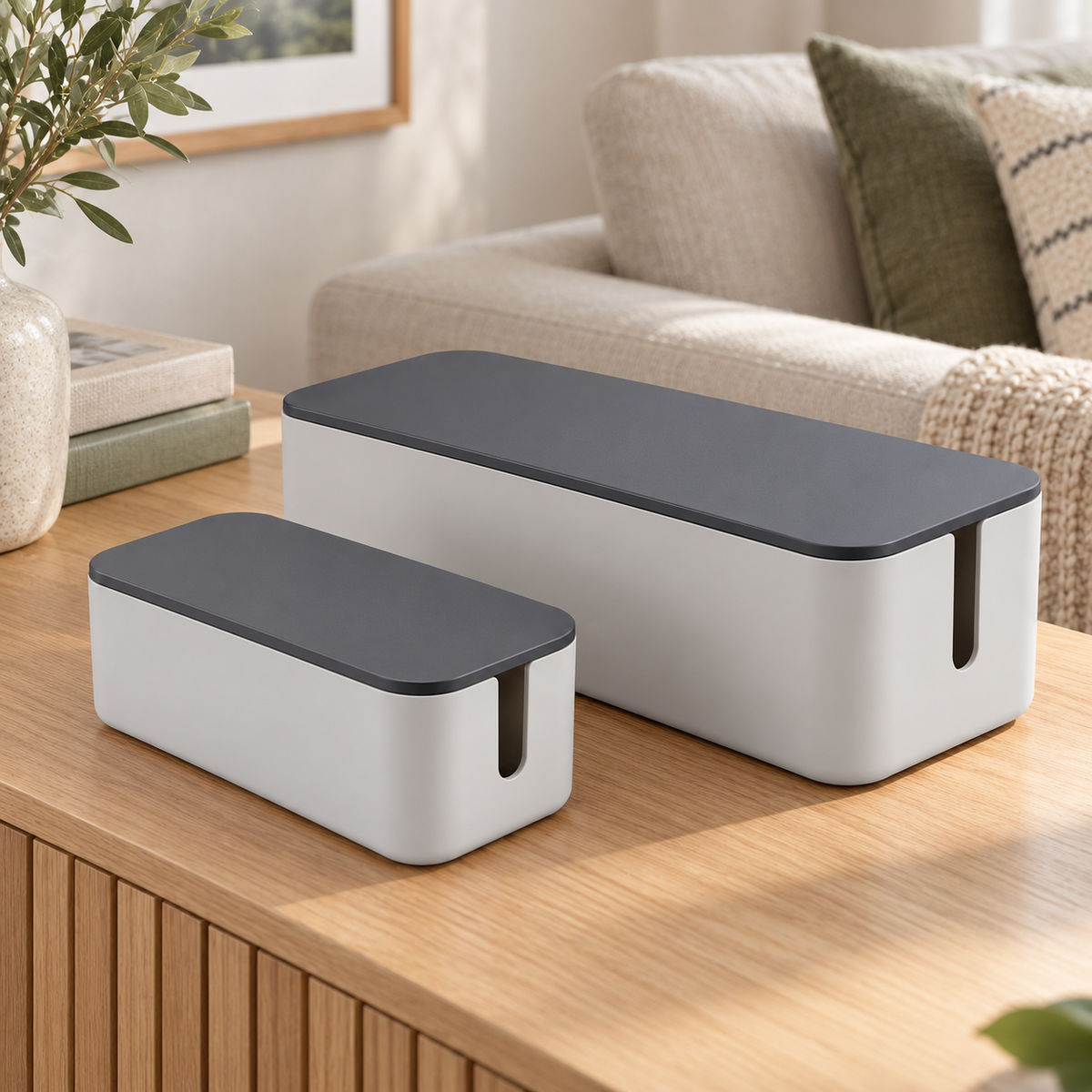 Slate Grey Small and Large Cable Storage Boxes, 2-Piece Set on a living room console shelf