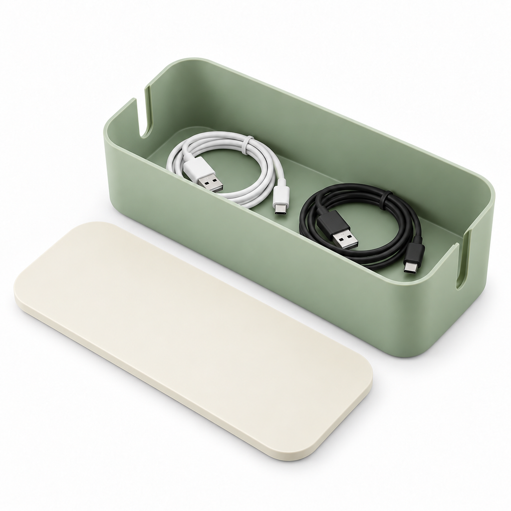 Sage Calm Small Cable Storage Box with Lid open to show loose cable storage