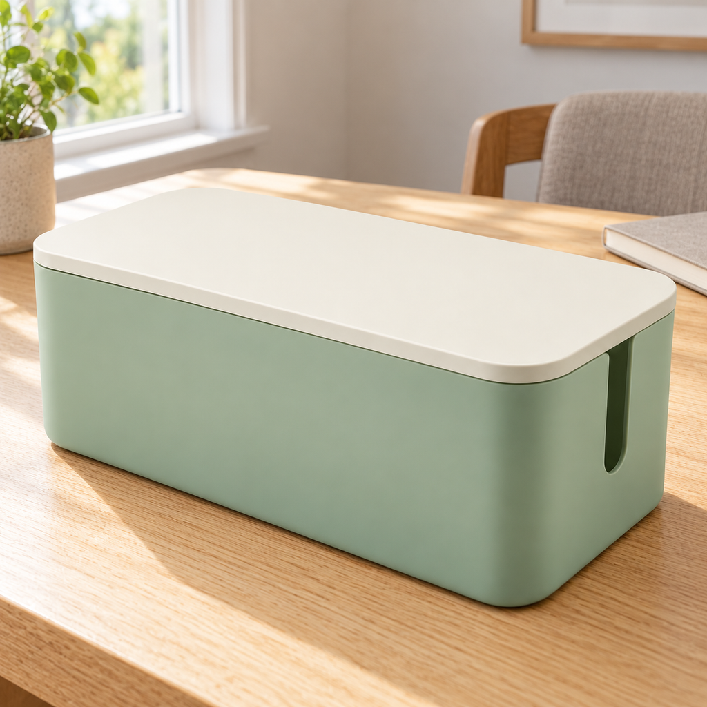 Sage Calm Small Cable Storage Box with Lid on a home office desk