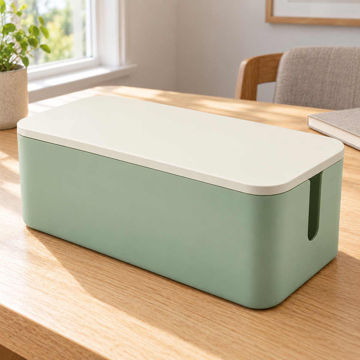 Sage Calm Small Cable Storage Box with Lid on a home office desk