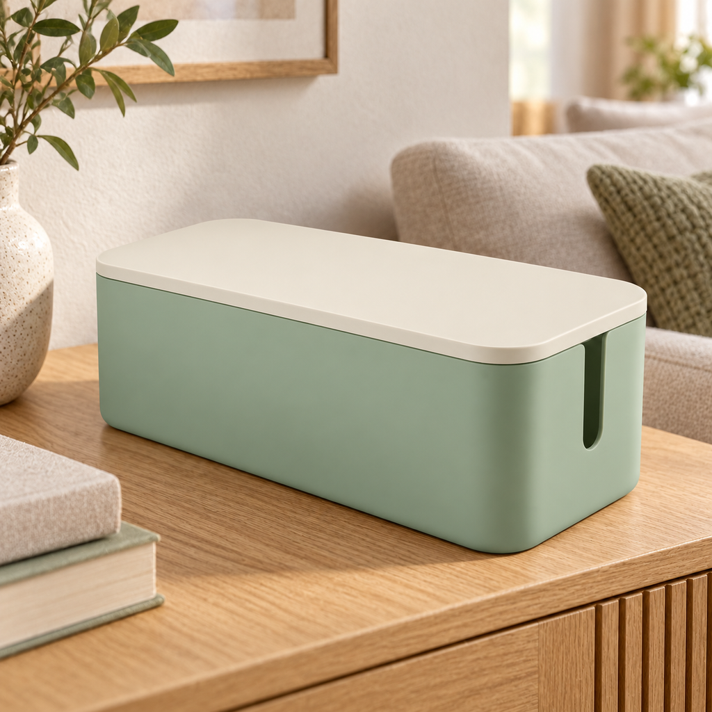 Sage Calm Small Cable Storage Box with Lid on a living room console shelf