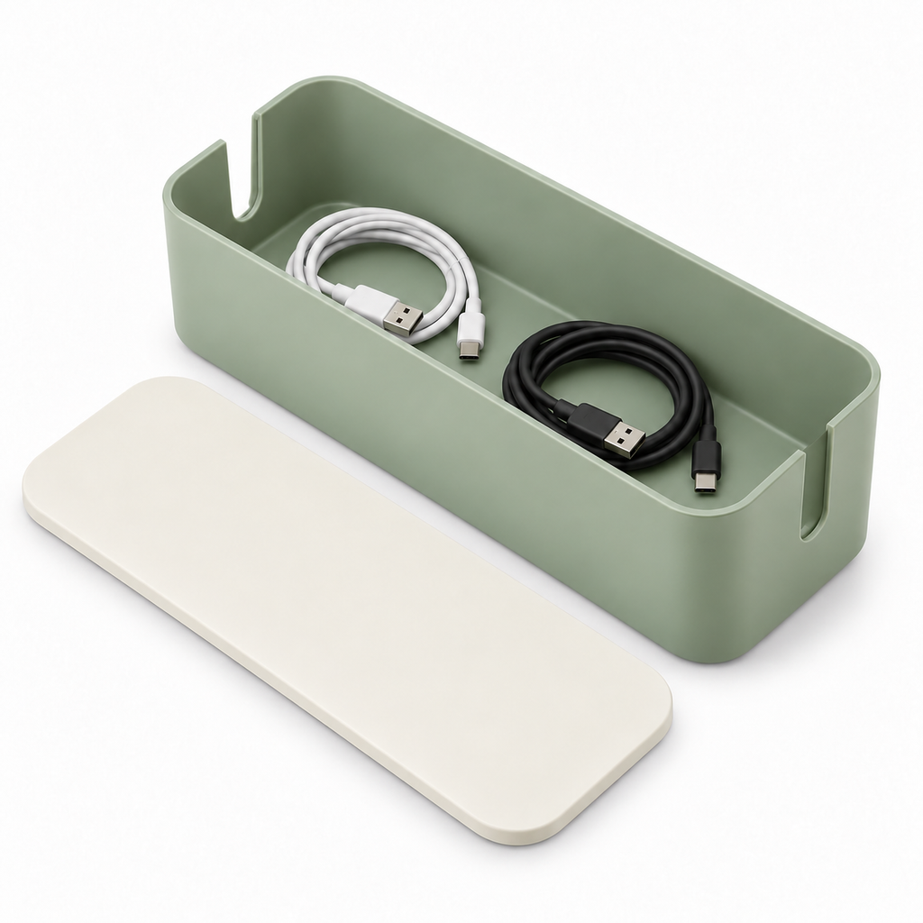 Sage Calm Medium Cable Storage Box with Lid open to show loose cable storage