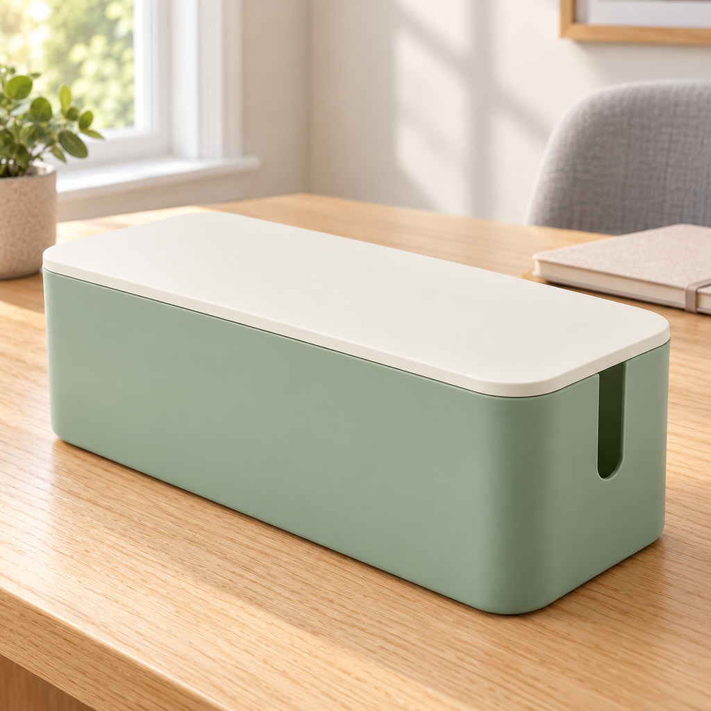 Sage Calm Medium Cable Storage Box with Lid on a home office desk