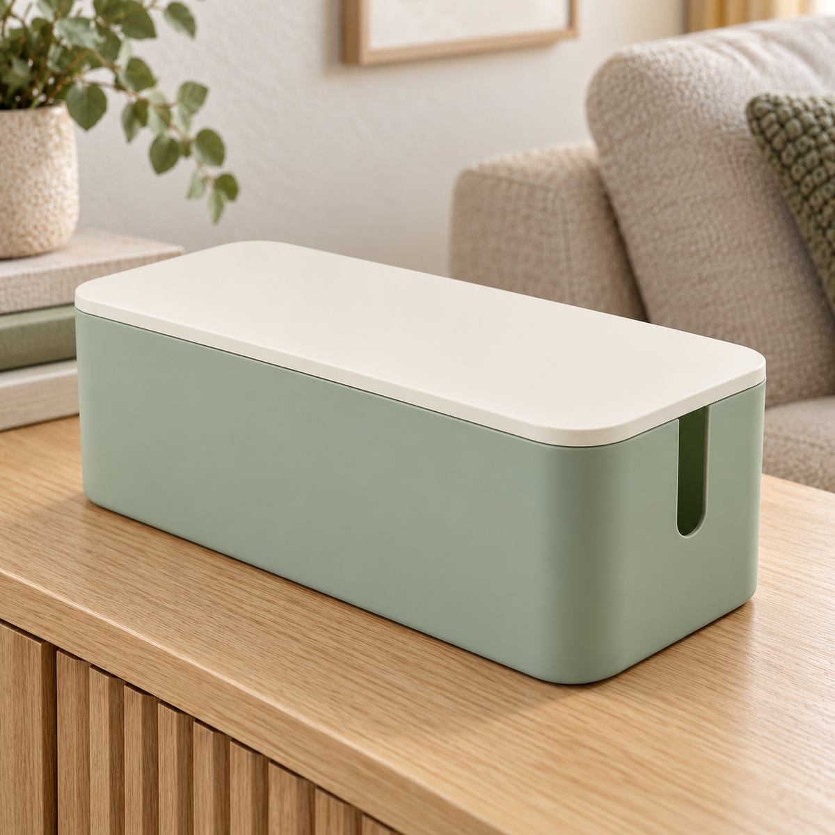 Sage Calm Medium Cable Storage Box with Lid on a living room console shelf