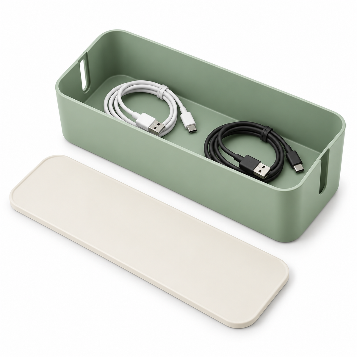 Sage Calm Large Cable Storage Box with Lid open to show loose cable storage