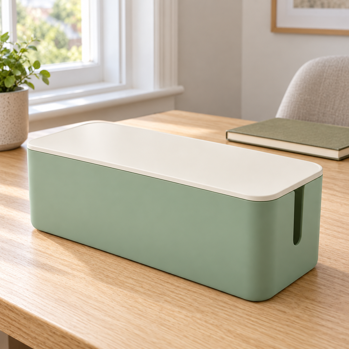 Sage Calm Large Cable Storage Box with Lid on a home office desk