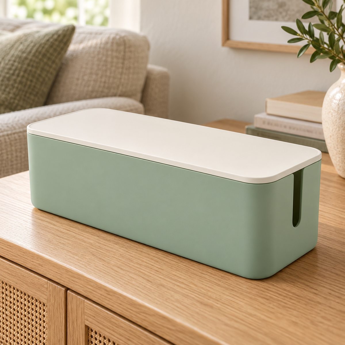 Sage Calm Large Cable Storage Box with Lid on a living room console shelf