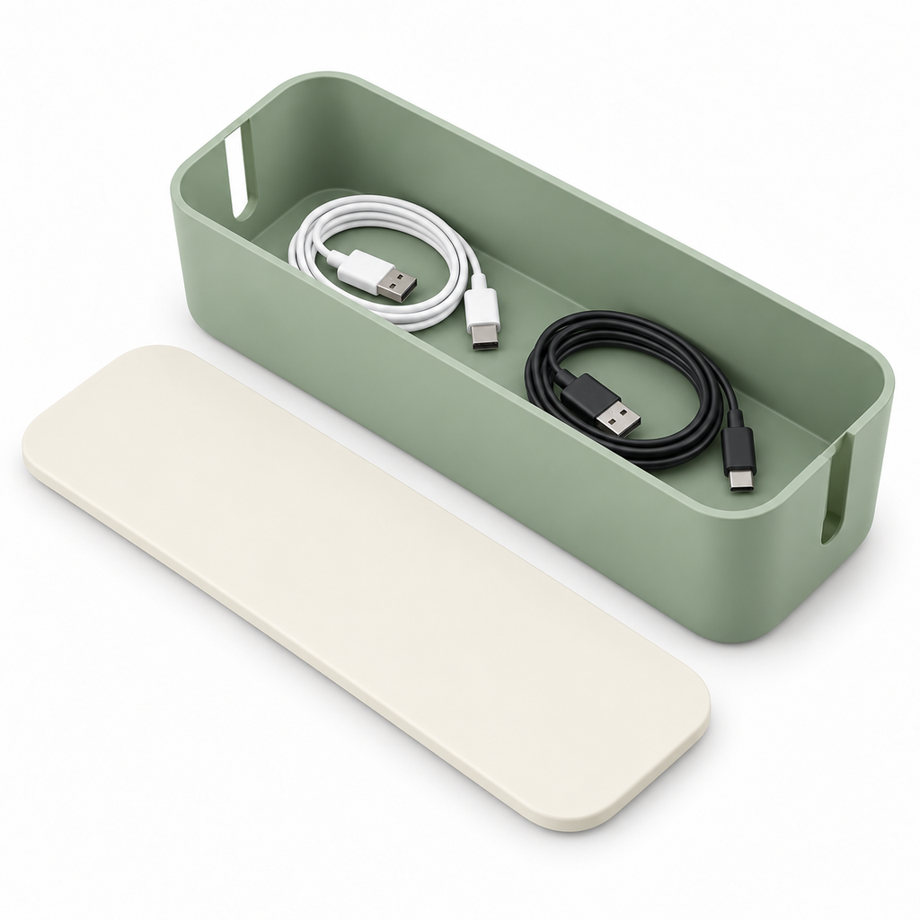 Sage Calm Slim Cable Storage Box with Lid open to show loose cable storage
