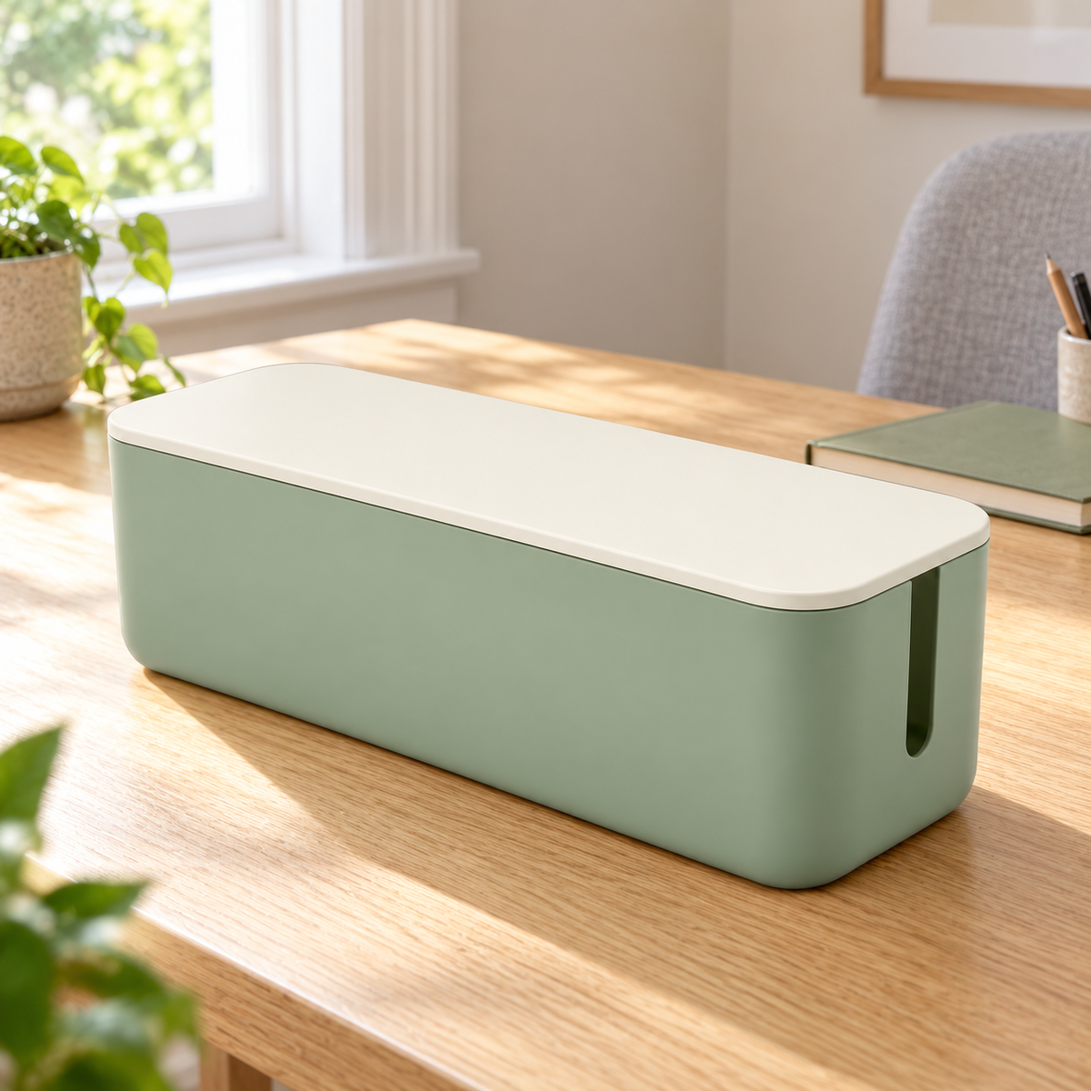 Sage Calm Slim Cable Storage Box with Lid on a home office desk