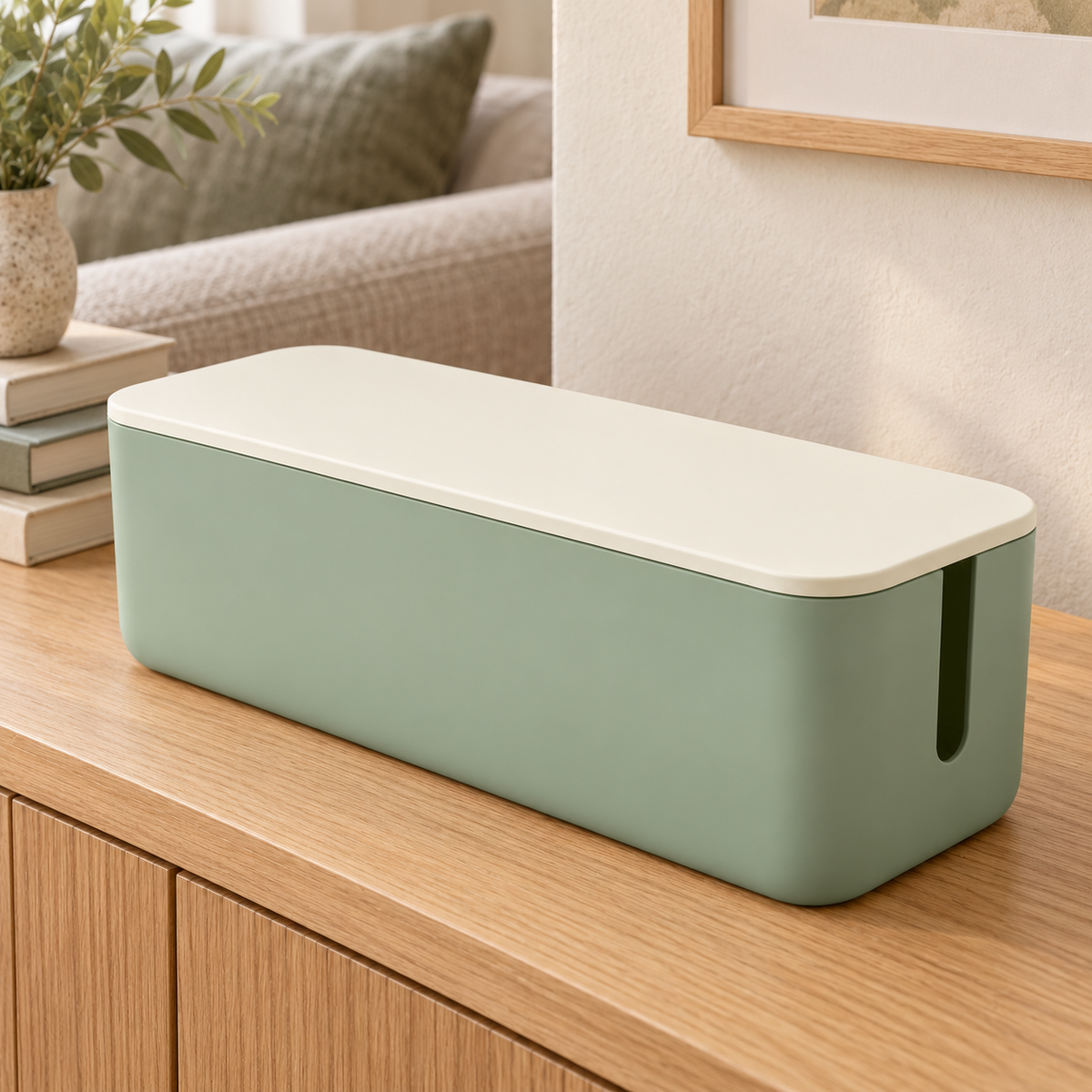 Sage Calm Slim Cable Storage Box with Lid on a living room console shelf