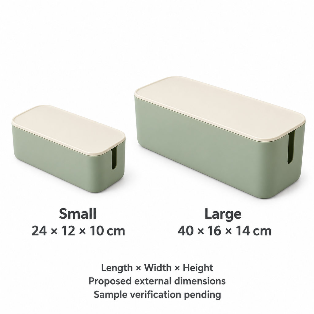 Sage Calm Small and Large Cable Storage Boxes, 2-Piece Set with proposed external dimensions
