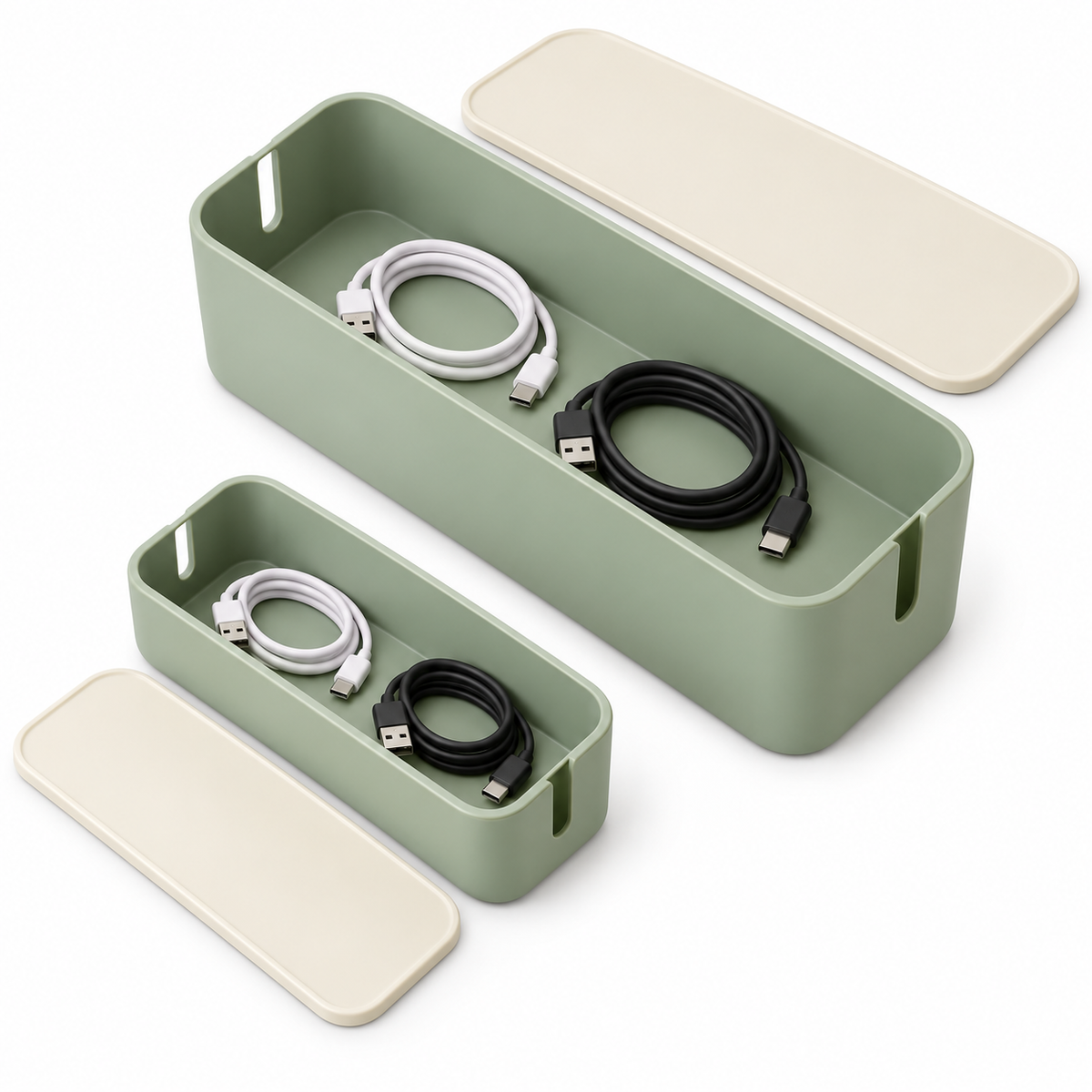 Sage Calm Small and Large Cable Storage Boxes, 2-Piece Set open to show loose cable storage