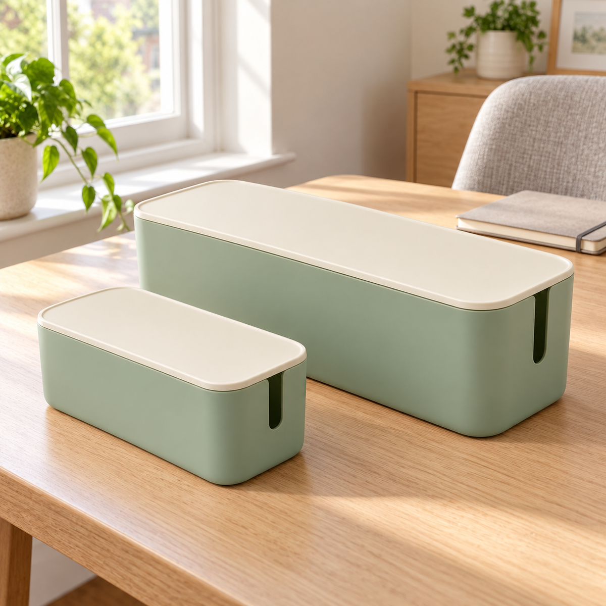 Sage Calm Small and Large Cable Storage Boxes, 2-Piece Set on a home office desk