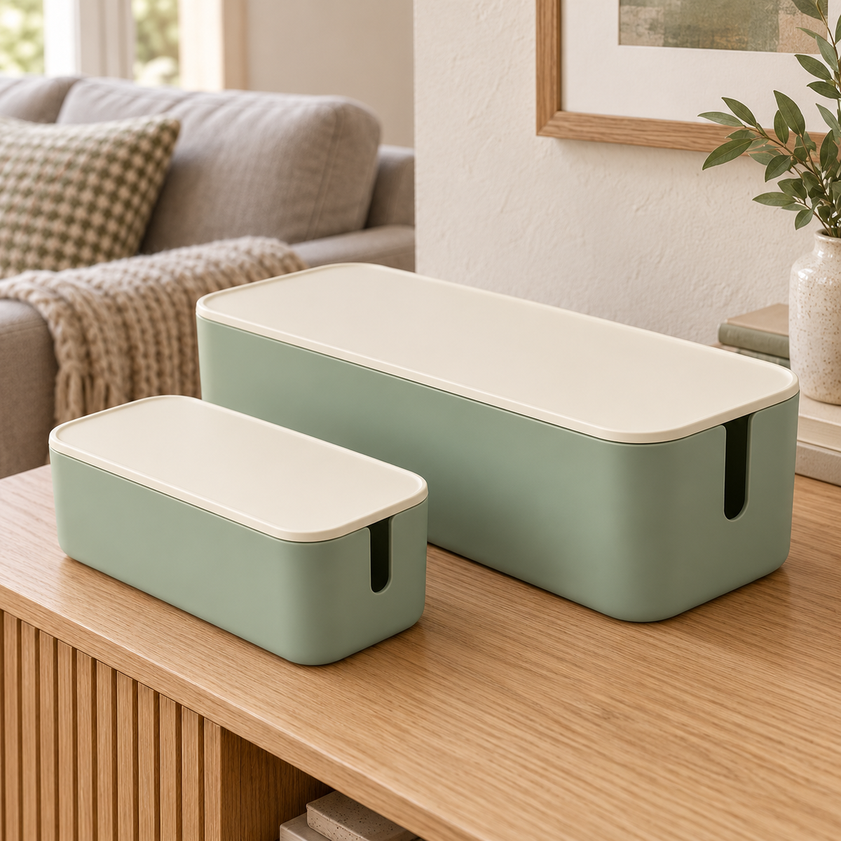 Sage Calm Small and Large Cable Storage Boxes, 2-Piece Set on a living room console shelf