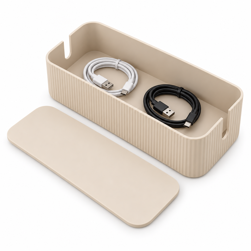 Sand Rib Small Cable Storage Box with Lid open to show loose cable storage