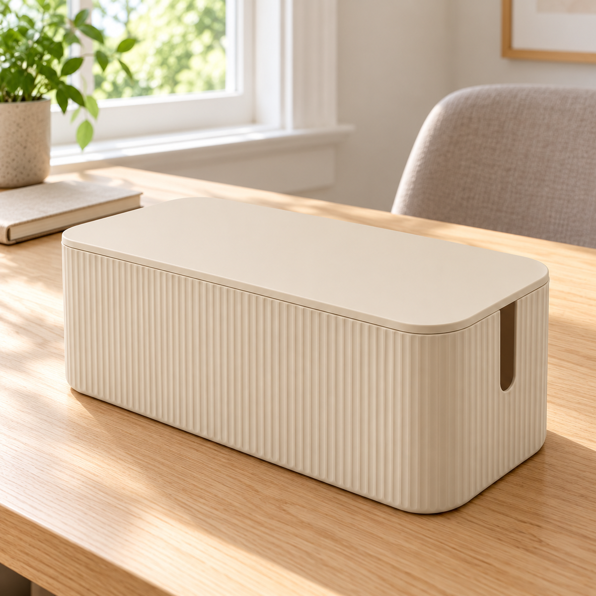 Sand Rib Small Cable Storage Box with Lid on a home office desk