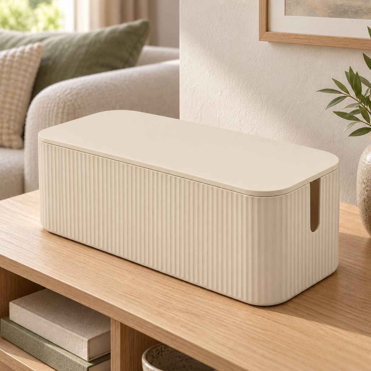 Sand Rib Small Cable Storage Box with Lid on a living room console shelf