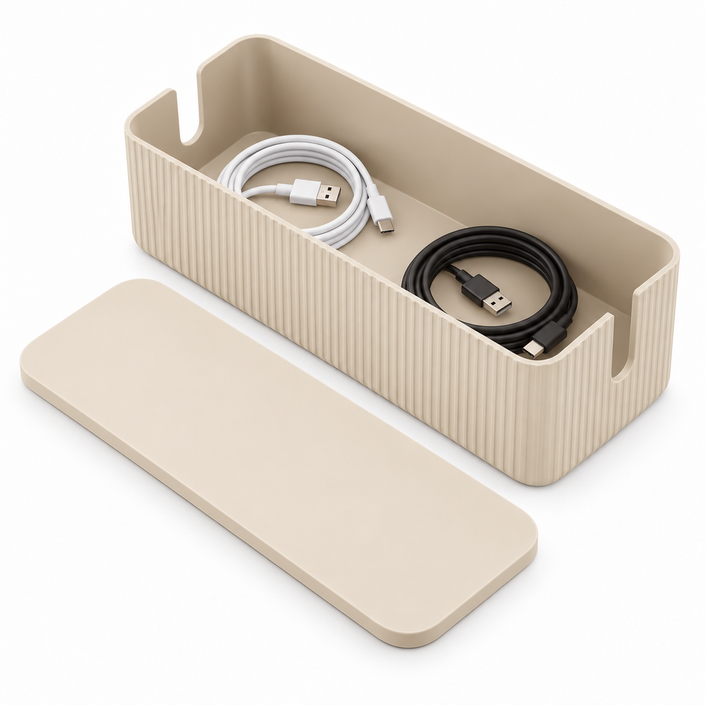 Sand Rib Medium Cable Storage Box with Lid open to show loose cable storage