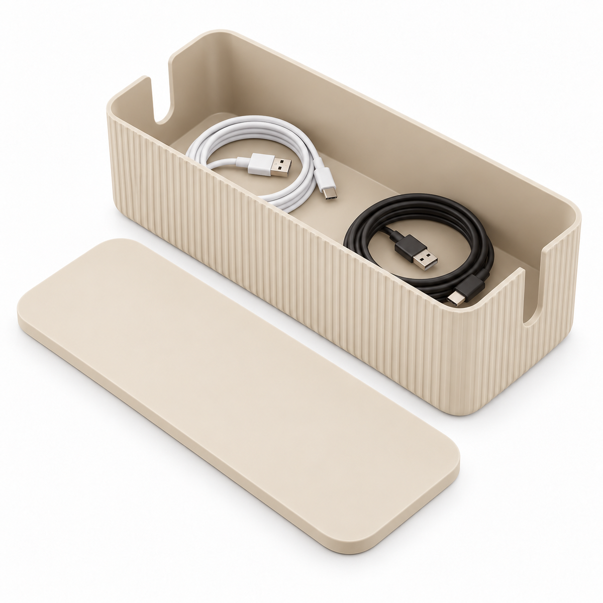 Sand Rib Medium Cable Storage Box with Lid open to show loose cable storage