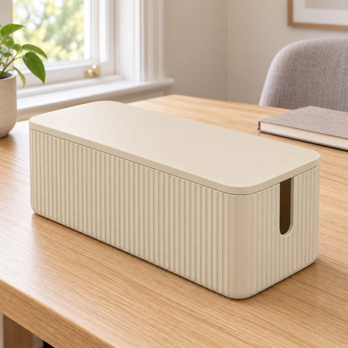 Sand Rib Medium Cable Storage Box with Lid on a home office desk