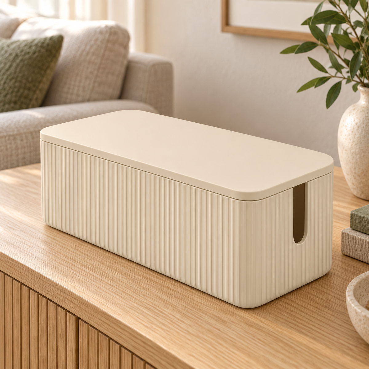 Sand Rib Medium Cable Storage Box with Lid on a living room console shelf