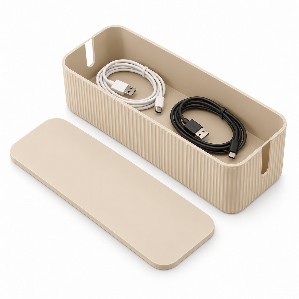 Sand Rib Large Cable Storage Box with Lid open to show loose cable storage