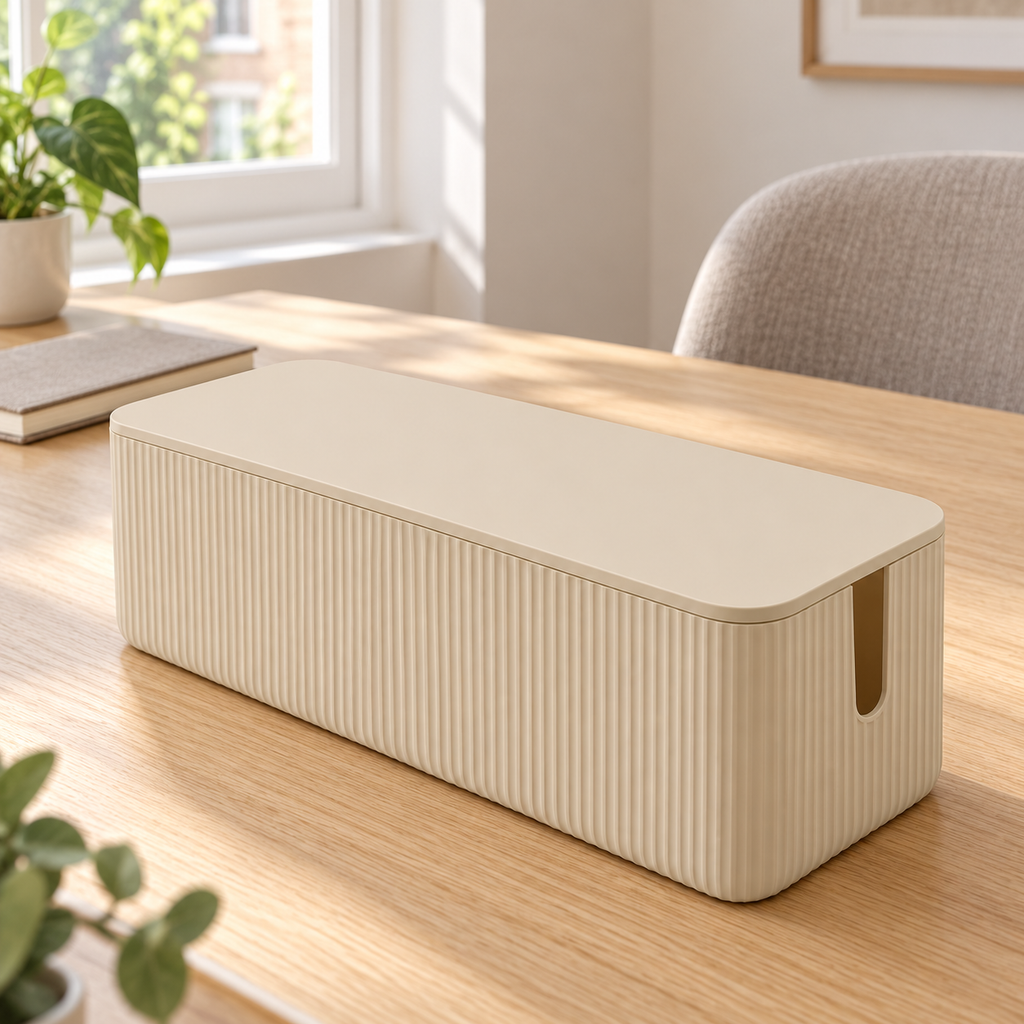 Sand Rib Large Cable Storage Box with Lid on a home office desk
