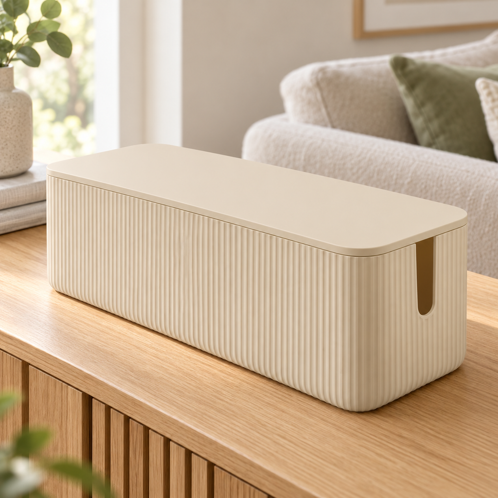 Sand Rib Large Cable Storage Box with Lid on a living room console shelf