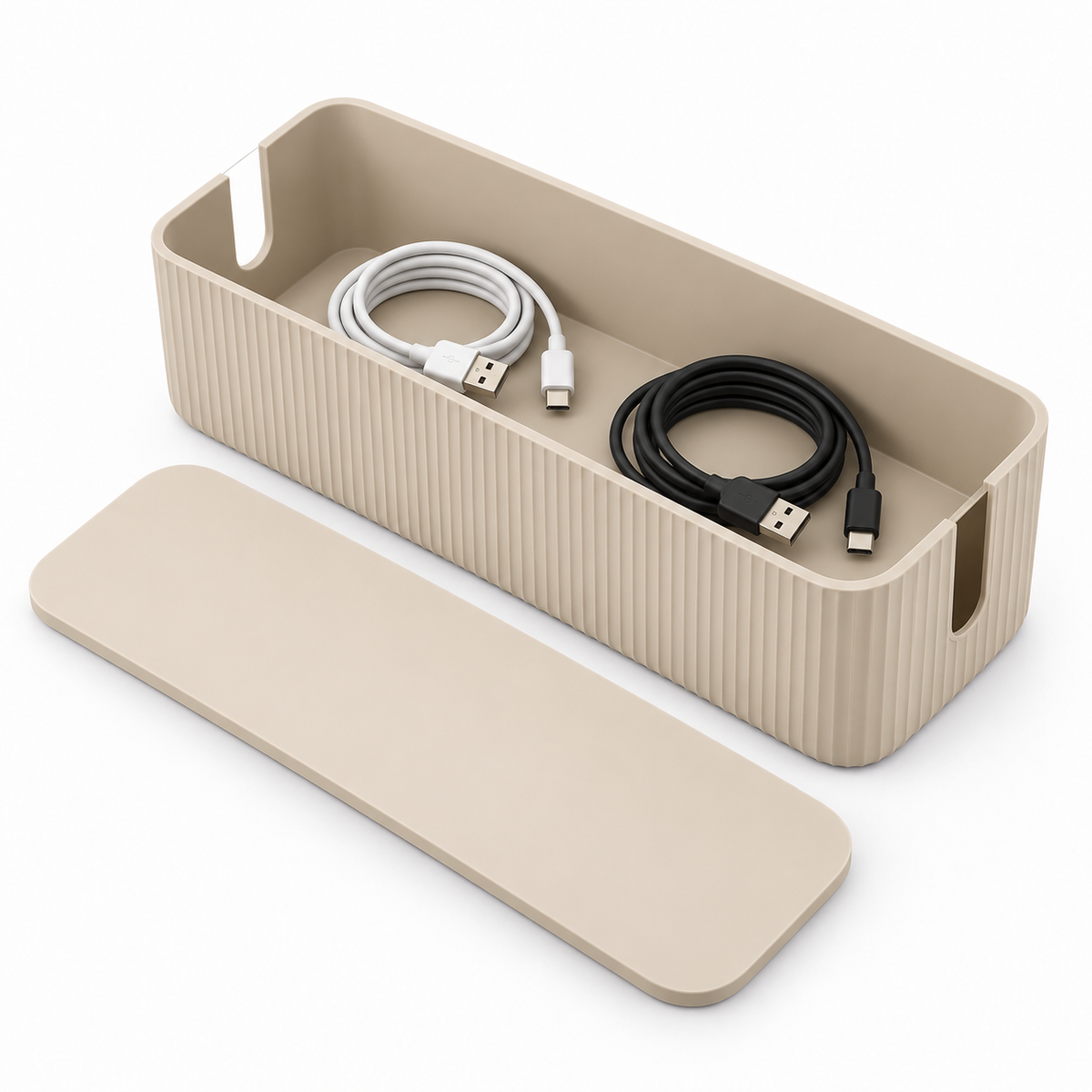 Sand Rib Slim Cable Storage Box with Lid open to show loose cable storage