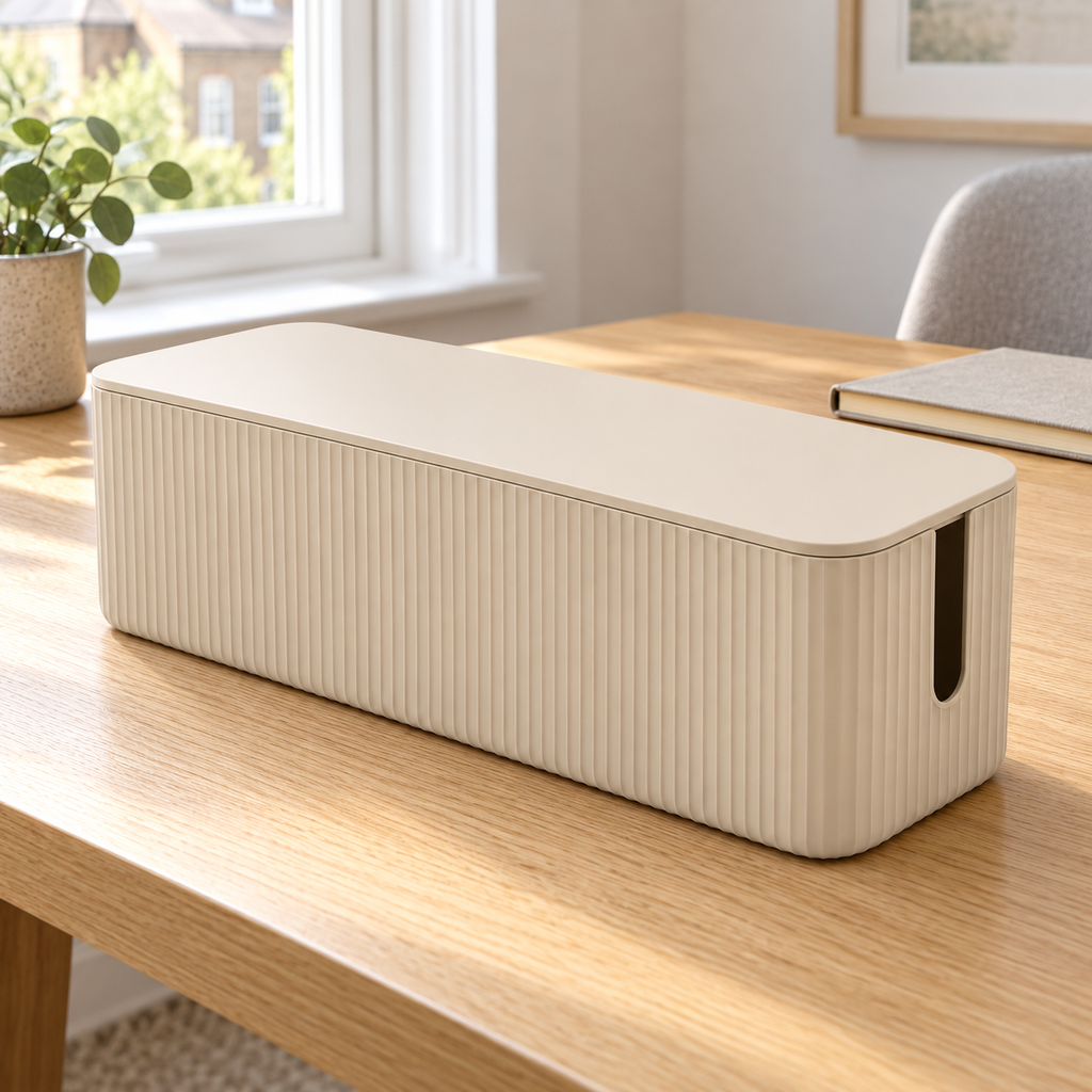 Sand Rib Slim Cable Storage Box with Lid on a home office desk