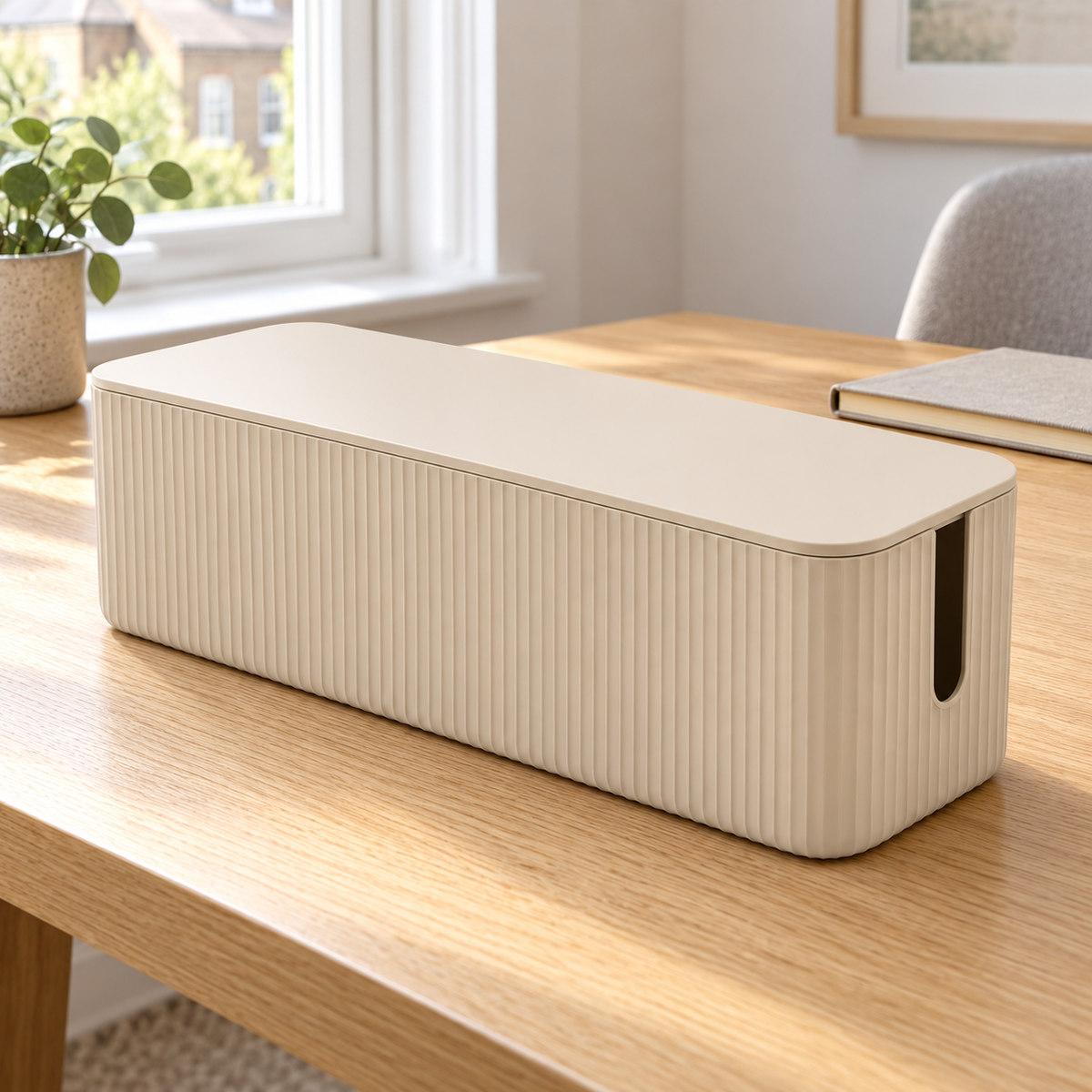 Sand Rib Slim Cable Storage Box with Lid on a home office desk