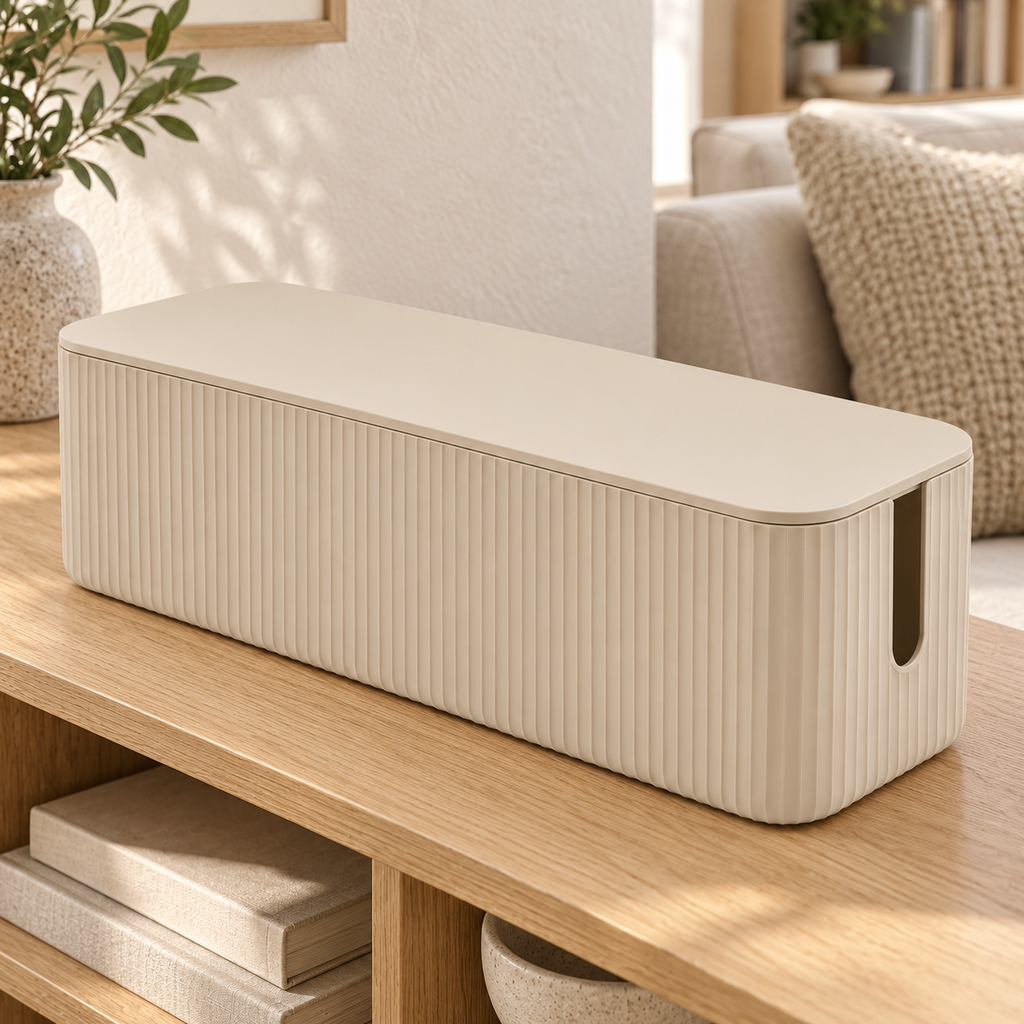 Sand Rib Slim Cable Storage Box with Lid on a living room console shelf
