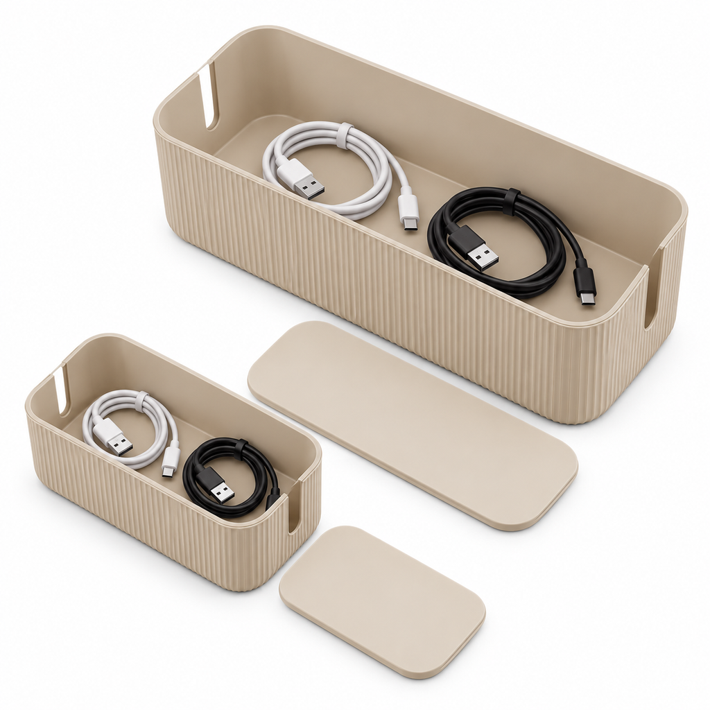 Sand Rib Small and Large Cable Storage Boxes, 2-Piece Set open to show loose cable storage