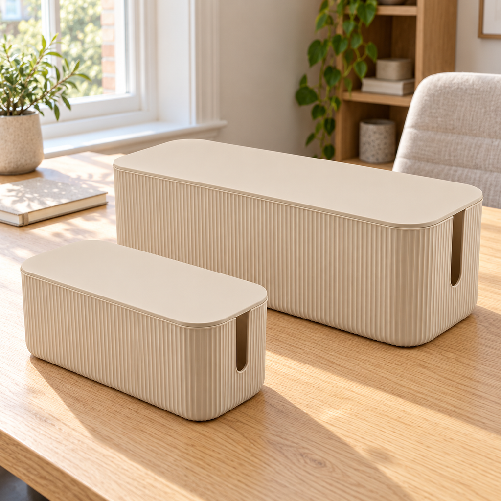 Sand Rib Small and Large Cable Storage Boxes, 2-Piece Set on a home office desk