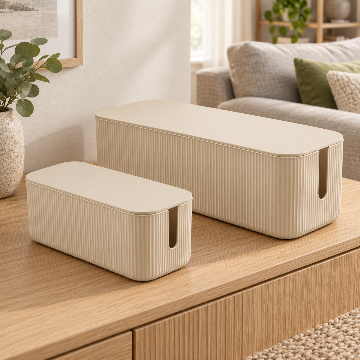 Sand Rib Small and Large Cable Storage Boxes, 2-Piece Set on a living room console shelf
